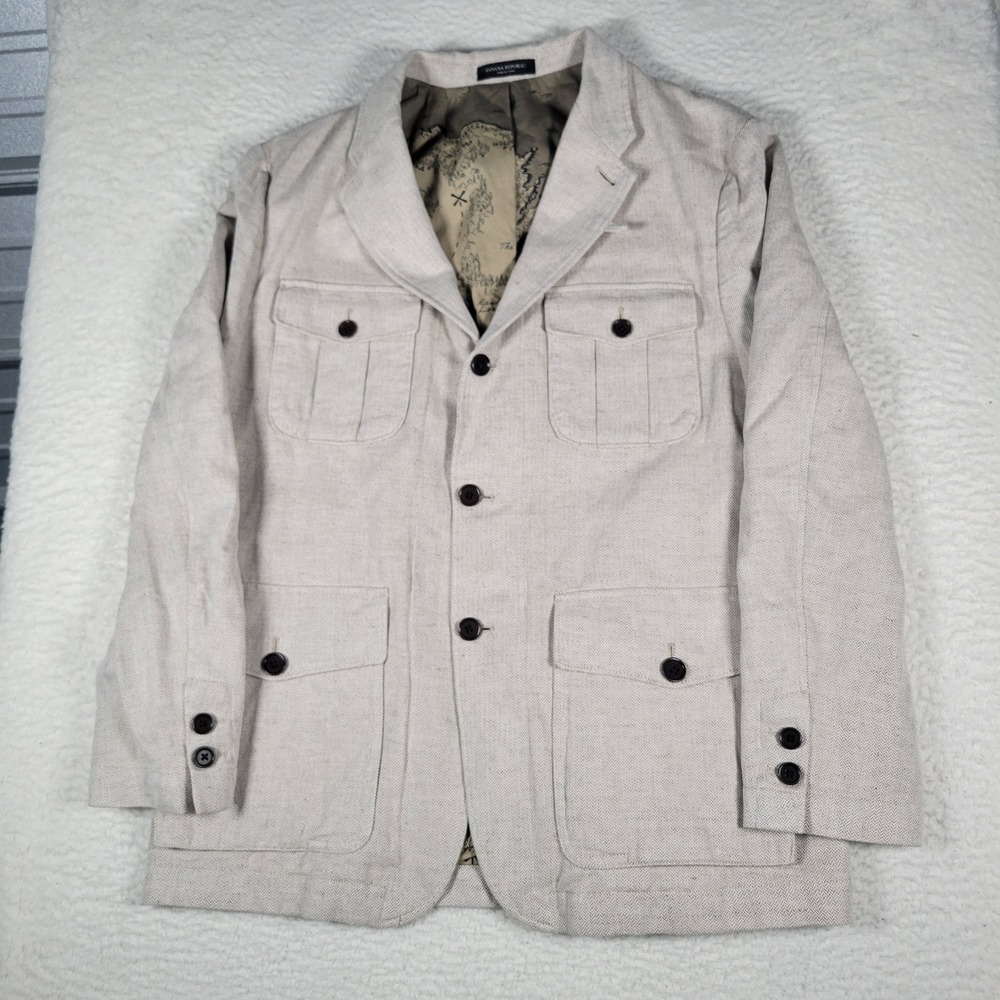 Banana Republic Safari Suit Jacket Mens 42R Tan Herringbone Field Blazer 858034